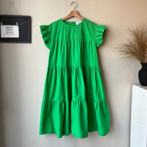 Marielle Almelo Dress Green Tiered Ruffle Sleeve A-Line Nap Cotton Midi Dress OS - Picture 2 of 8